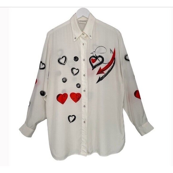 Hammerle Retro Oversized Shirt Rhinestone Buttoned Down Hearts Romantic 80s M/L - Picture 1 of 9